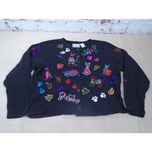 Michael Simon Cardigan Womens XL Black Embroidered Cats Long Sleeve Cat Lover